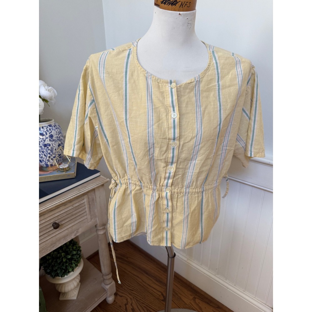 Madewell Womens Medium Yellow Striped Button Front Drawstring Waist Cotton Top